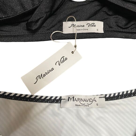 Swimsuit Verano Playa Small Black White striped Bikini High Waist With Tags - Picture 3 of 6